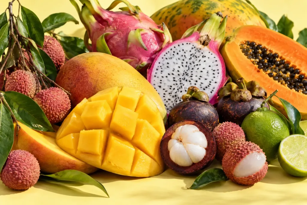 A colourful still-life of mango, dragon fruit, lychees, mangosteen, lime and papaya