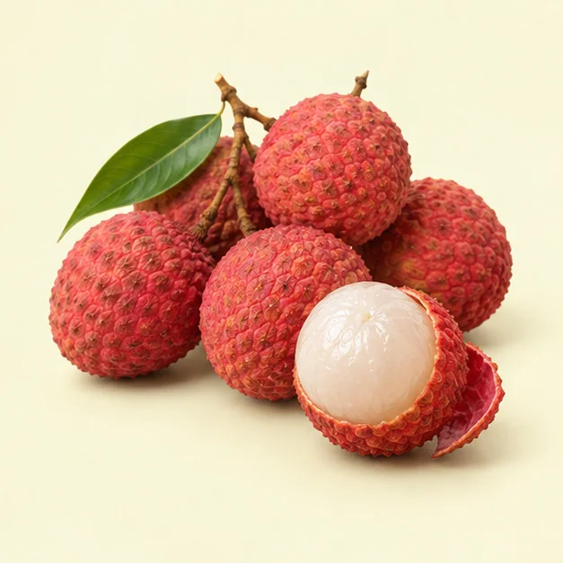 A cluster of fresh lychees, one peeled to show the translucent flesh