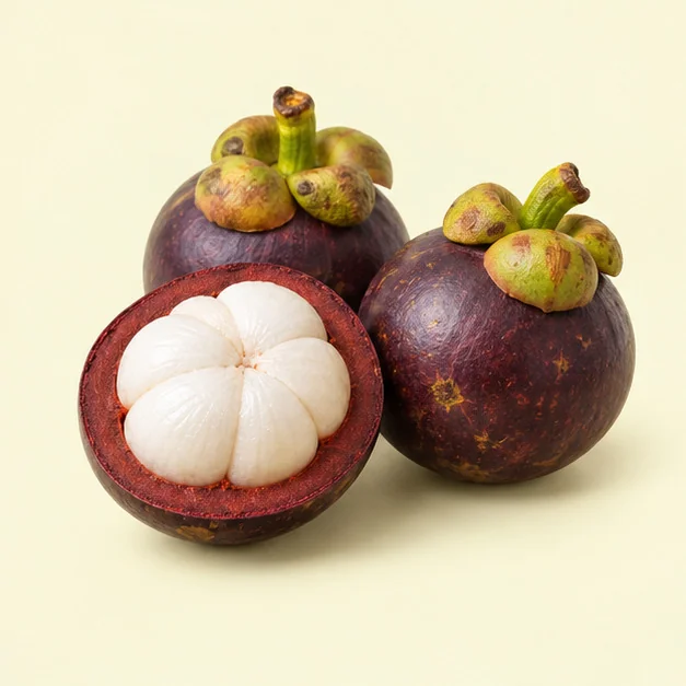 Deep purple mangosteen opened to show its white segments